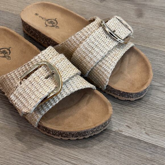 Sole Mates NEW Jute Gold Buckle Slides Sandals Women’s 9 Vacation Beach - Picture 1 of 9